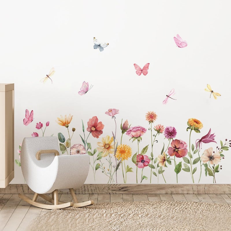 Kasubeso Watercolor Garden Flower Wall Decals, Peel and Stick Creative Colorful Butterfly Floral Wall Stickers, Multicolor Wildflower Wall Decor for Girls Room Nursery Bedroom Window - Image 5